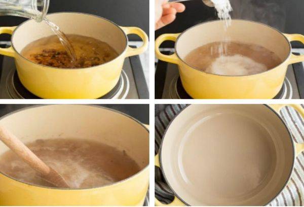 nettoyer la casserole savonneuse avec une solution de soude
