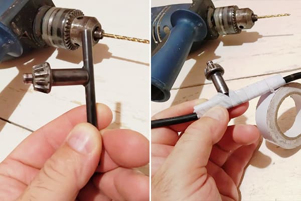 Fixation de la clé de la perceuse au fil sur du ruban isolant